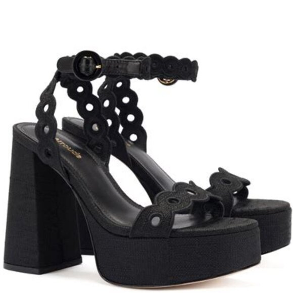 Larroude Dolly Broderie Platform Sandal, Raffia Black - Picture 1 of 16